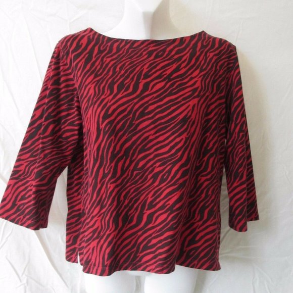 BLOUSE Top 3/4 Sleeve SHIRT M COTTON BLACK RED - Picture 1 of 4